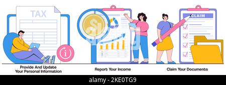 Provide and update your personal information, report your income, claim documents concept with people characters. Tax filing illustration pack. Tax cr Stock Vector