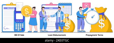 Bill of sale, loan disbursement, prepayment terms concept with people characters. Financial agreement signing abstract vector illustration pack. Legal Stock Vector