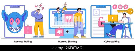 Internet trolling, digital shaming, cyberstalking concept with people characters. Social media aggressive behavior vector illustration pack. Internet Stock Vector