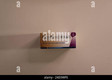 Photo of package of amlodipine tablets, calcium channel blocker medication to treat high blood pressure & coronary artery disease;Teva Pharmaceuticals Stock Photo