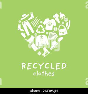 Recycled clothes vector illustration. Clothing icons in heart shape. Eco label. Stock Vector