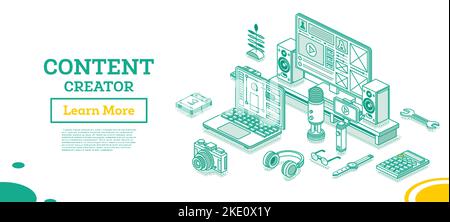 Content creator. Isometric Outline Concept. Vector Illustration. Blog Content Strategy. Laptop with Microphone, Gimbal Stabilizer for Smartphone. Stock Vector