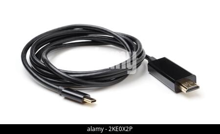 Roll of black electric cable isolated on white. USB Type-C, HDMI. Stock Photo