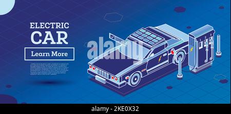 Electric Vehicle on Charging Station. Isometric Outline Concept. Vector Illustration. Car Charging Battery. Green Environment, Ecology and Sustainable Stock Vector