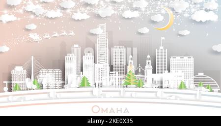 Omaha Nebraska City Skyline in Paper Cut Style with Snowflakes, Moon and Neon Garland. Vector Illustration. Christmas and New Year Concept. Stock Vector