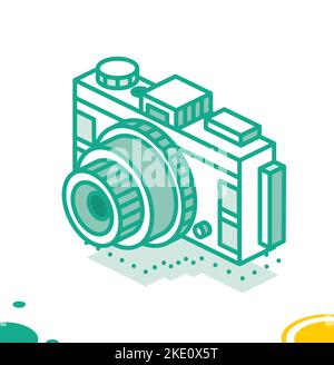 Digital Photo Camera Isolated on White. Vector Illustration. Isometric Outline Icon. Stock Vector