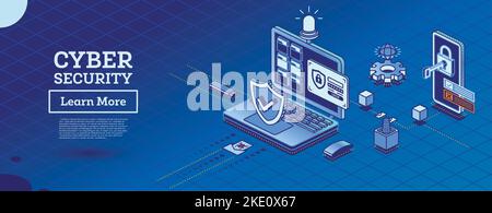 Cyber Security Concept. Shield Symbol. Isometric Laptop and Smartphone with Key Inserted in Lock. Data Protection. Vector Illustration. Stock Vector