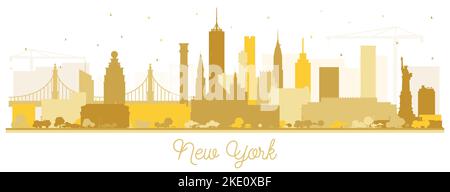 New York USA City Skyline Silhouette with Golden Buildings Isolated on White. Vector Illustration. New York Cityscape with Landmarks. Stock Vector