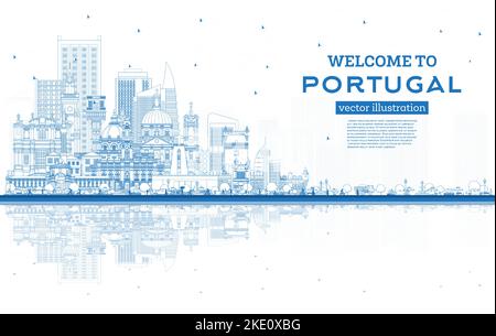 Welcome to Portugal. Outline City Skyline with Blue Buildings and Reflections. Vector Illustration. Concept with Modern and Historic Architecture. Stock Vector