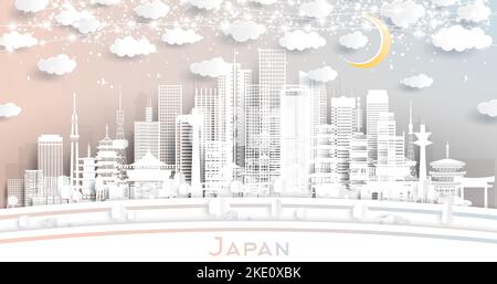 Japan City Skyline in Paper Cut Style with White Buildings, Moon and Neon Garland. Vector Illustration. Business Travel and Tourism Concept. Stock Vector