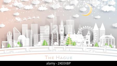 The Hague Netherlands City Skyline in Paper Cut Style with Snowflakes, Moon and Neon Garland. Vector Illustration. Christmas and New Year Concept. Stock Vector