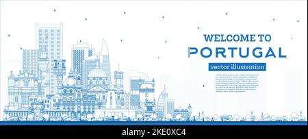 Welcome to Portugal. Outline City Skyline with Blue Buildings. Vector Illustration. Concept with Modern and Historic Architecture. Portugal Cityscape Stock Vector