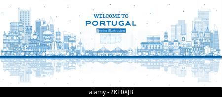 Welcome to Portugal. Outline City Skyline with Blue Buildings and Reflections. Vector Illustration. Concept with Modern and Historic Architecture. Stock Vector