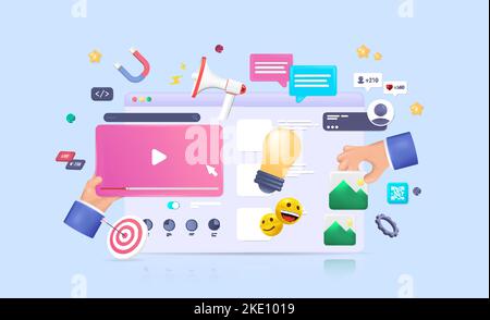 Cartoon realism 3D illustration with screen and objects Seo optimization Stock Vector