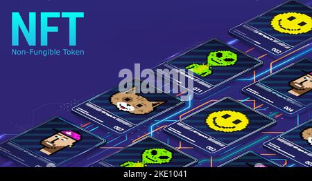 Crypto art NFT, card tokens in isometric. 3D Non-fungible token collection Stock Vector
