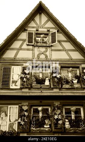 SELESTAT, FRANCE - DECEMBER 20, 2015: Christmas decoration in Selestat. Selestat with its beautiful painted houses is located on Alsace. Sepia photo Stock Photo