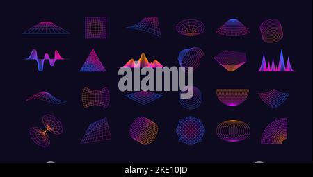 Neon grid collection. Retro cyberpunk glitch elements, abstract futuristic geometric shapes for virtual reality game design. Vector set of pattern grid graphic illustration Stock Vector