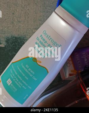 Oestrogel Pump-Pack transdermal HRT gel on a menopausal womans bedside table Stock Photo