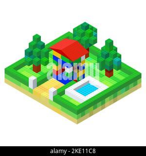 The concept of a private house with a swimming pool assembled from multi-colored blocks for printing and decoration.Vector illustration. Stock Vector