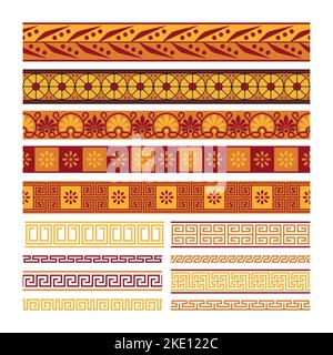 Greek horizontal pattern. Ancient meander ornament with flowers, antique mediterranean geometric floral frames borders. Vector set of ancient meander pattern illustration Stock Vector