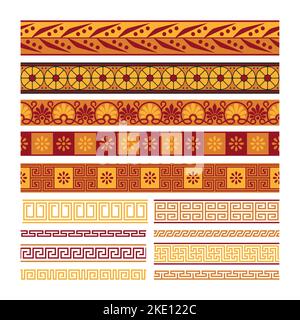 Greek horizontal pattern. Ancient meander ornament with flowers, antique mediterranean geometric floral frames borders. Vector set of ancient meander pattern illustration Stock Vector