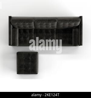 A 3D render of a large black leather sofa and a foot seat isolated on a white background Stock Photo