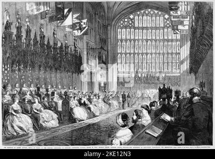 The marriage of Albert Edward, Prince of Wales, to the Princess Alexandra, of Denmark, solemnized Tuesday, March 10th, 1863, in St. George's Chapel, Windsor Castle, England - The Archbishop of Canterbury pronouncing the benediction. 19th century illustration from Frank Leslie's Illustrated Newspaper Stock Photo