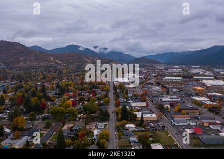 Aerial view of Grants Pass Oregon in autumn.  Stock Photo