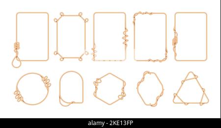 Rope border. Decorative thread frame with sailor knots noose loops, twisted braided marine jute cord square round shapes. Vector isolated set of border frame rope illustration Stock Vector