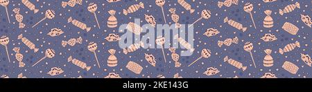 Sweet doodles seamless pattern. Hand drawn candies on blue background. Vector illustration. Stock Vector