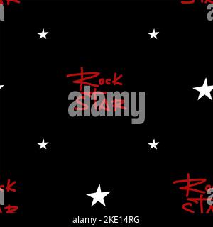Seamless black pattern with red lettering Rock Star and an illustration of white stars. Graffiti. Stock Vector
