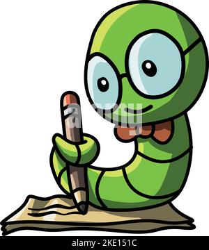 A cute cartoon-style green worm with a hat reading a book Stock Vector ...