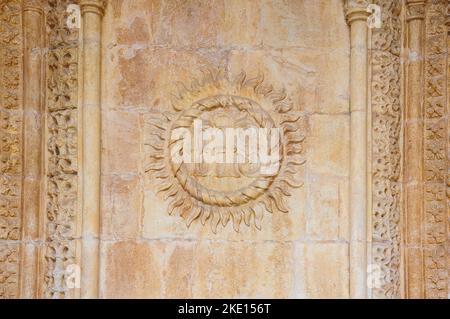 Christogram with the abbreviation 'IHS' on a wall of the Jerónimos Monastery in Lisbon, Portugal Stock Photo