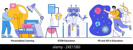 Personalized learning, stem education, VR, and AR in education concepts with people characters. Personal studying program, academic system, futuristic Stock Vector