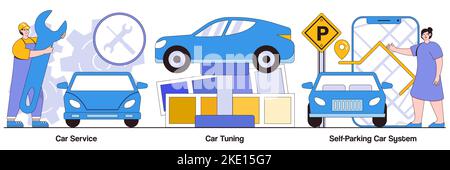 Car service, car tuning, self-parking system concepts with people characters. Automobile service abstract vector illustration pack. Stock Vector