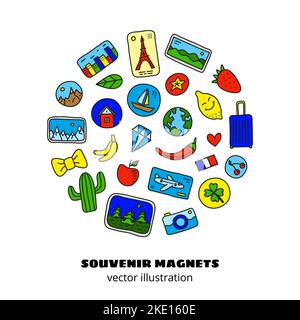 Doodle colored souvenir magnets or stickers composed in circle shape. Stock Vector