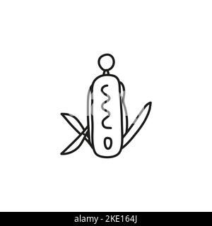 Doodle outline pocket jackknife icon isolated on white background. Stock Vector