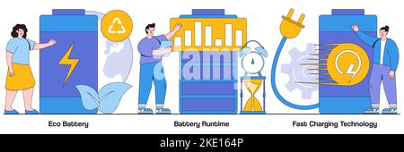 Eco battery, battery endurance, and fast charging technology concepts with people characters. Rechargeable battery illustration pack. Innovative eco-d Stock Vector