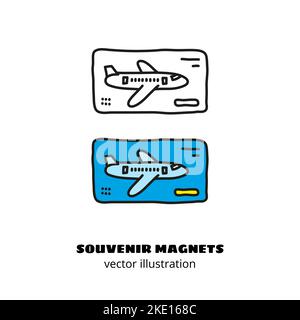 Doodle outline and colored souvenir magnet or sticker with plane isolated on white background. Stock Vector