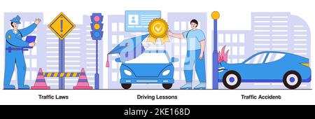 Traffic laws, driving lessons, and traffic accident concepts with people characters. Driving license illustration pack. Road safety, violation fine, c Stock Vector