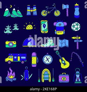 Set of doodle colorful camp and outdoor icons isolated on dark background. Stock Vector