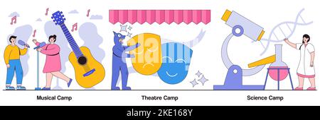Musical, theatre, and science camps concepts with people characters. Artistic and scientific activities for children illustration pack. Developing cre Stock Vector