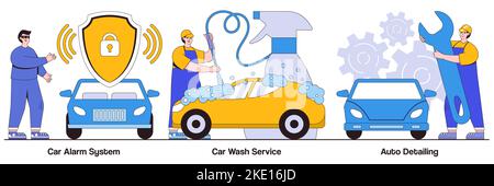 Car alarm system, car wash service, auto detailing concepts with people characters. Automobile care service illustration pack. Anti-theft, automatic w Stock Vector