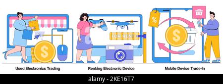 Used electronics trading, renting electronic devices, mobile device trade-in concepts with people characters. Electronics trade market illustration pa Stock Vector