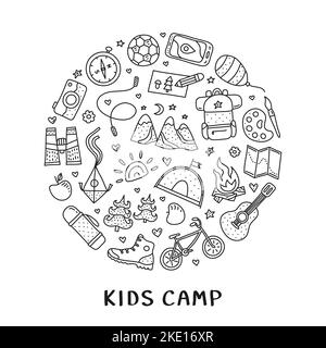 Cute doodle outline kids camp, outdoor icons composed in circle shape. Stock Vector