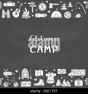 Poster with autumn camp, outdoor doodle icons and the blackboard. Stock Vector