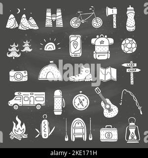 Set of doodle camp and outdoor icons isolated on the blackboard. Stock Vector