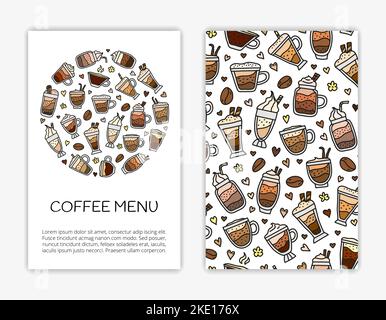 Card templates with doodle colored coffee drinks. Used clipping mask. Stock Vector