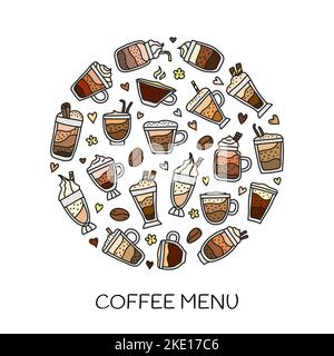 Doodle colored coffee drinks composed in circle shape. Stock Vector