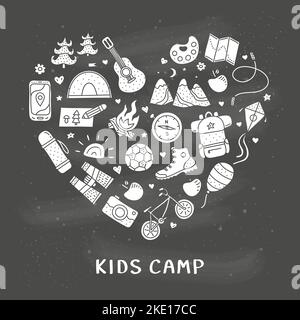 Cute doodle kids camp, outdoor icons composed in heart shape. Stock Vector